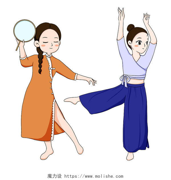 卡通手绘跳舞民族舞女孩素材插画png